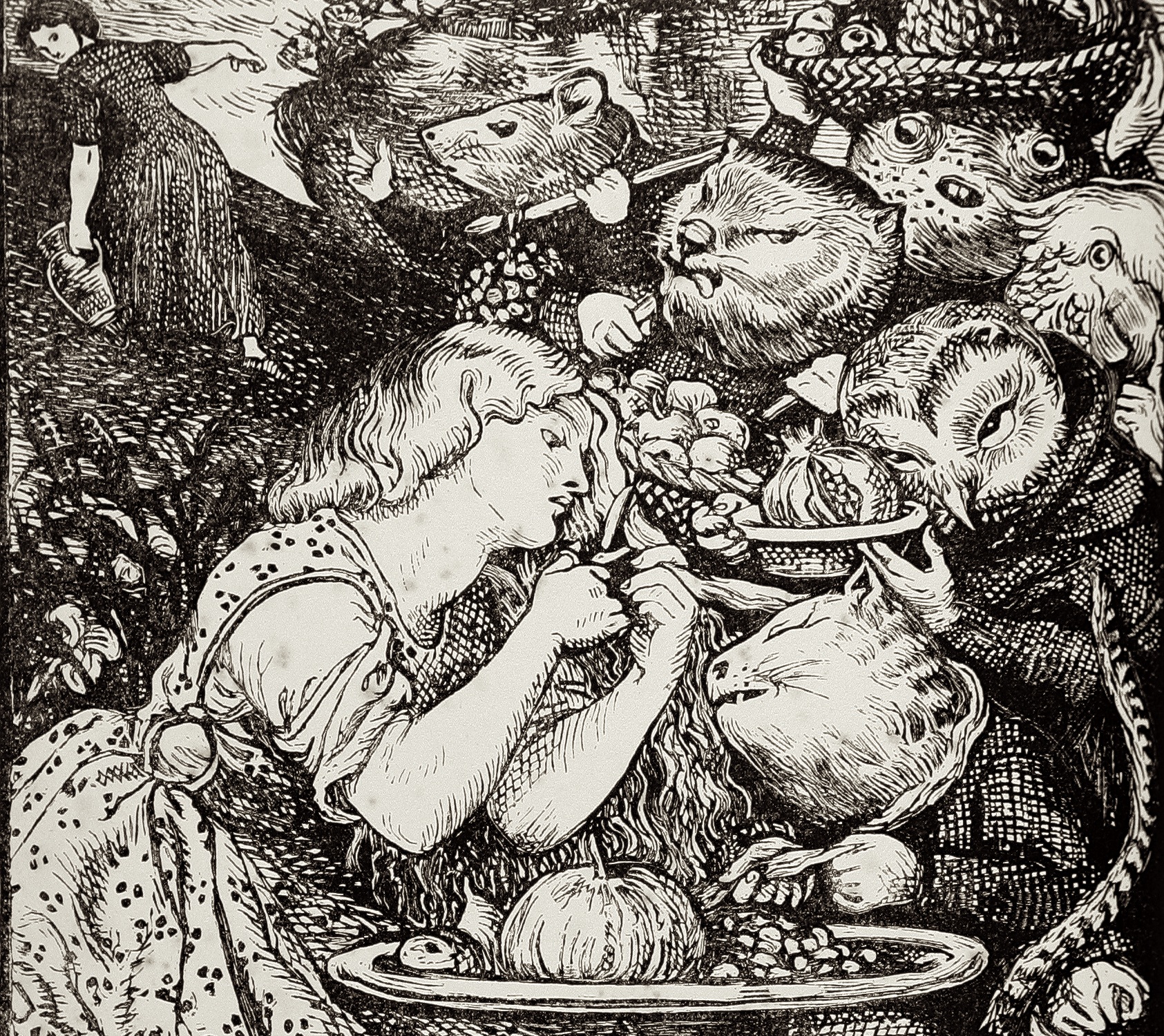 an illustration of Laura paying the goblins with a golden curl, made by Dante Gabriel Rossetti for Christina Rossetti's Goblin Market