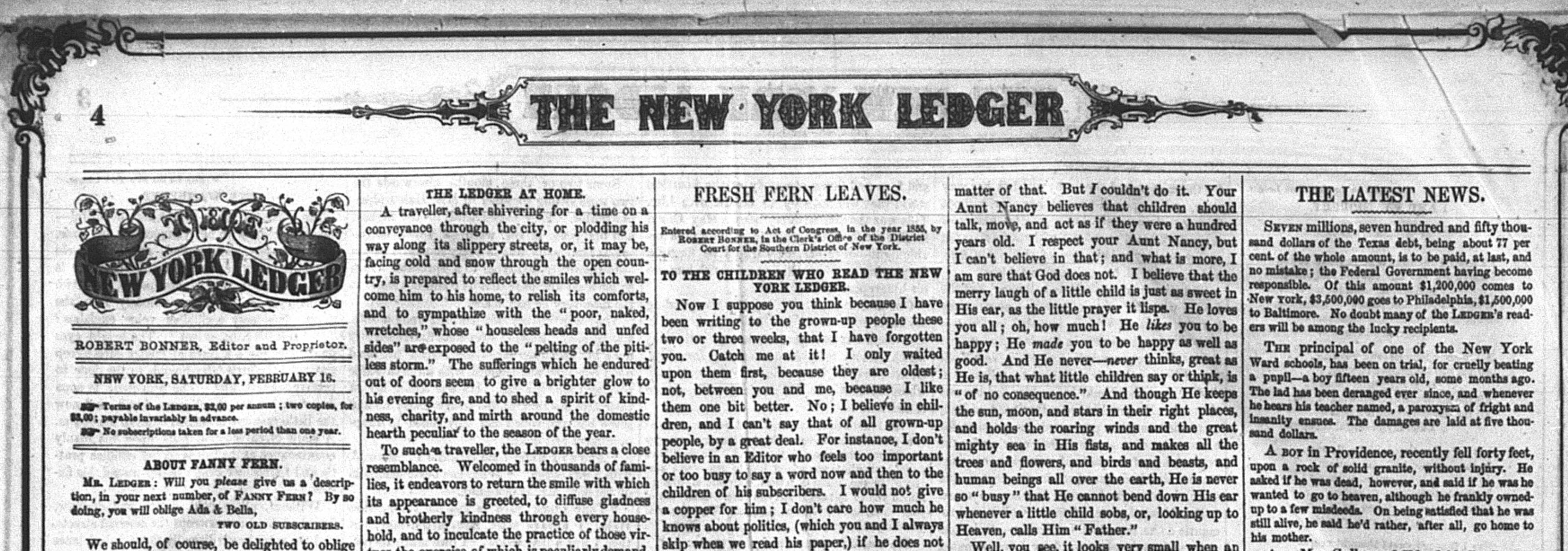 New York Ledger Fresh Fern Leaves masthead photofacsimile