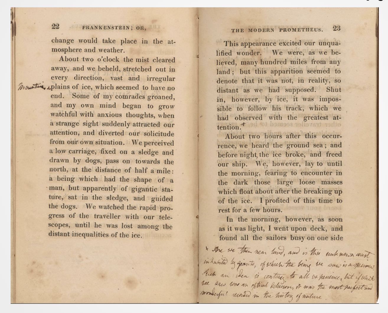 image from the Thomas copy showing Mary Shelley’s margin comments on copy of her novel published in 1818.