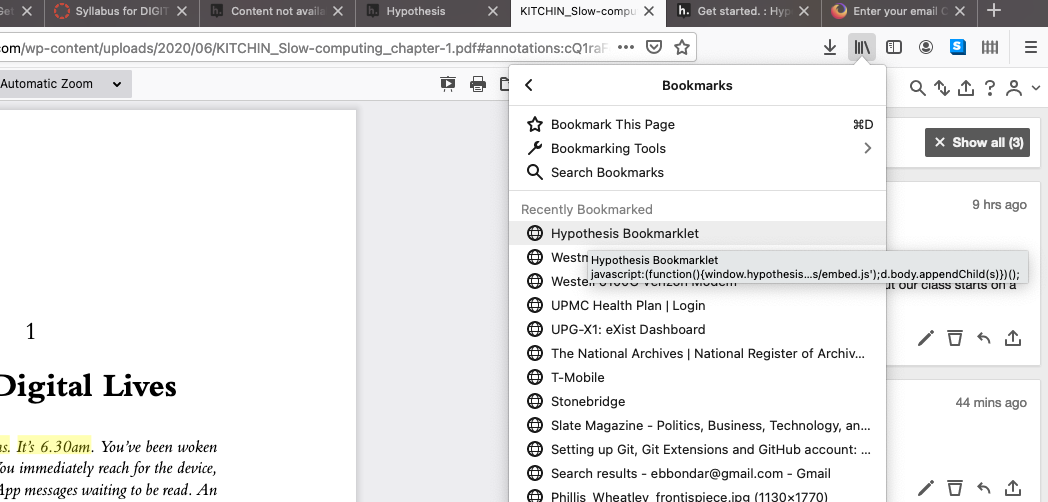 how to set up the Hypothes.is bookmarklet in Firefox
