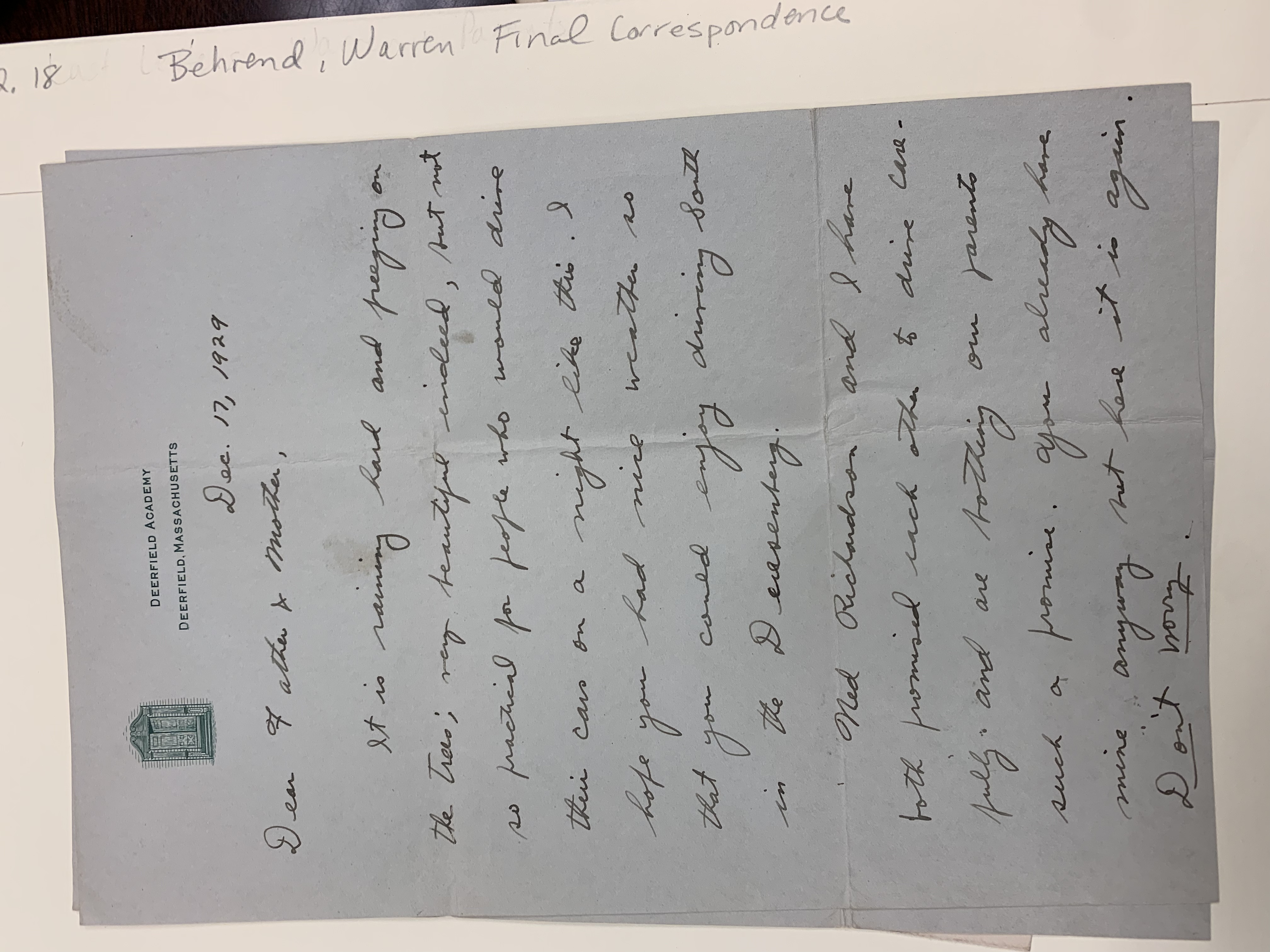 letter from Warren Behrend December 17, 1929