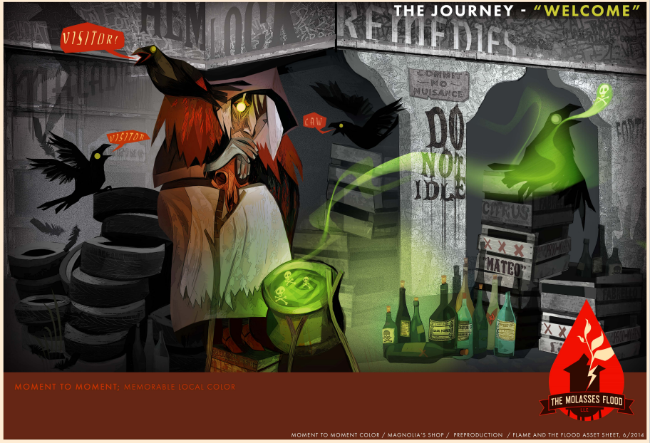 Image of crows and a witch at a remedy shop.