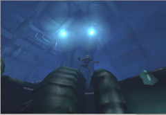 image of the same electrical room but with an enemy on one of the pipes.